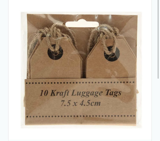 Kraft luggage tags brown card pack of 10 x 7.5 x 4.5 cm