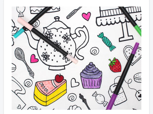 Colour your own 100% cotton fabric space or tea party children’s school teach